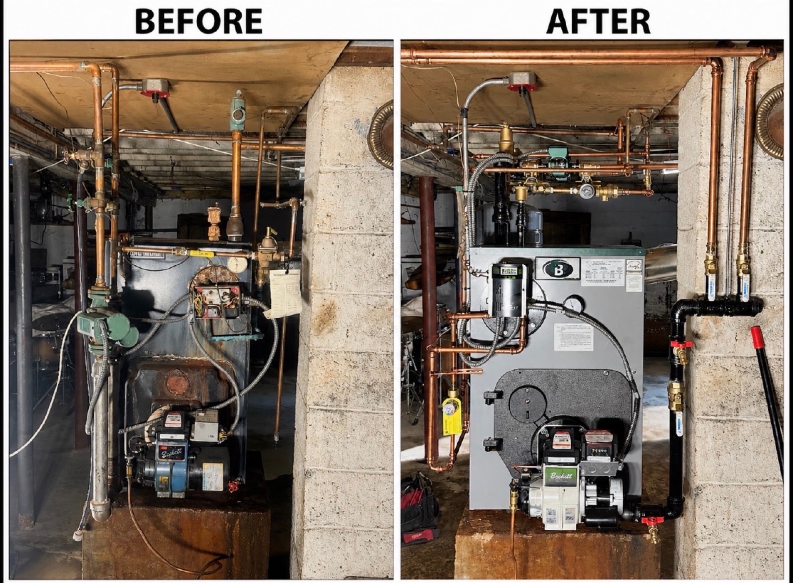 Before and after — old boiler system replaced with new Beckett high-efficiency unit