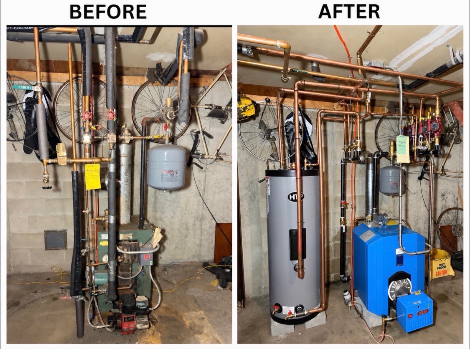 Before and after — old pipe system replaced with HTP water heater and Buderus boiler