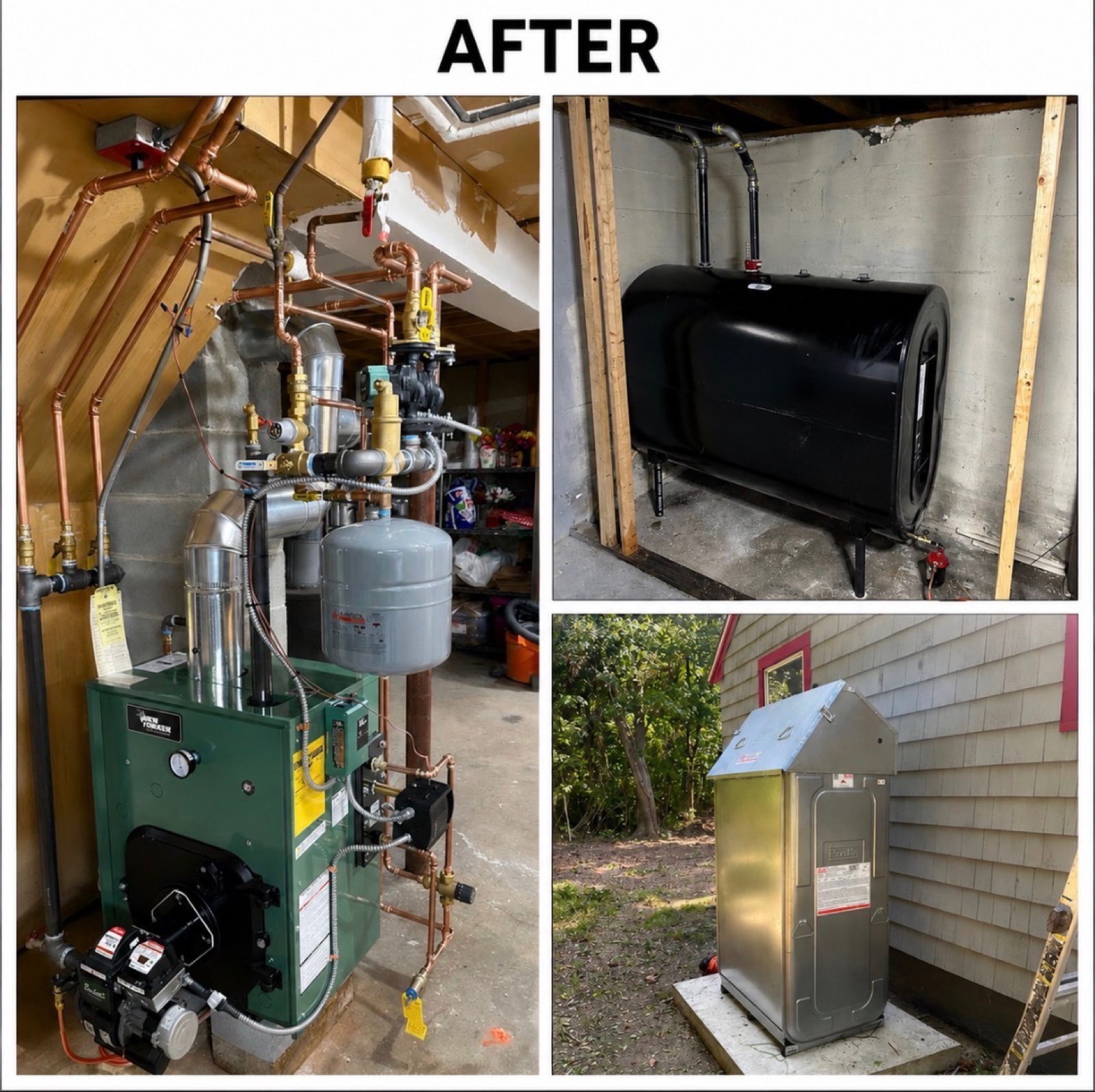 Completed installations — New Yorker boiler, oil tank, and outdoor unit