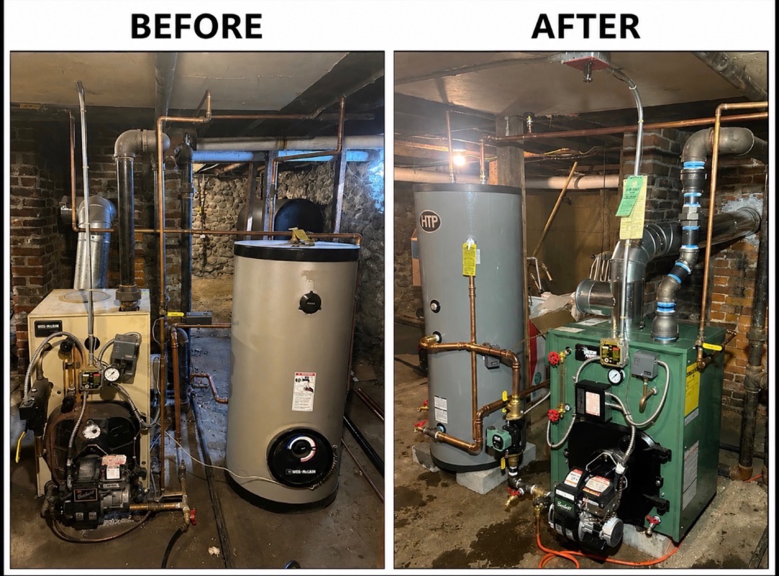 Before and after — old Weil-McLain system replaced with New Yorker high-efficiency boiler
