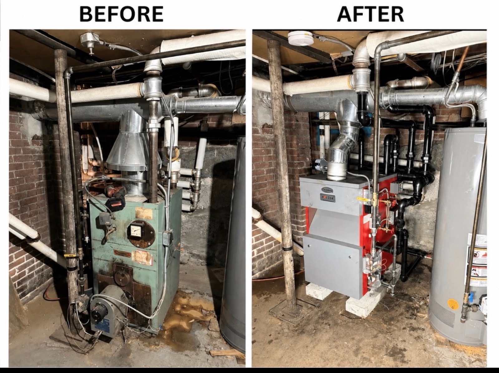 Before and after — old teal boiler replaced with new high-efficiency Norhn boiler