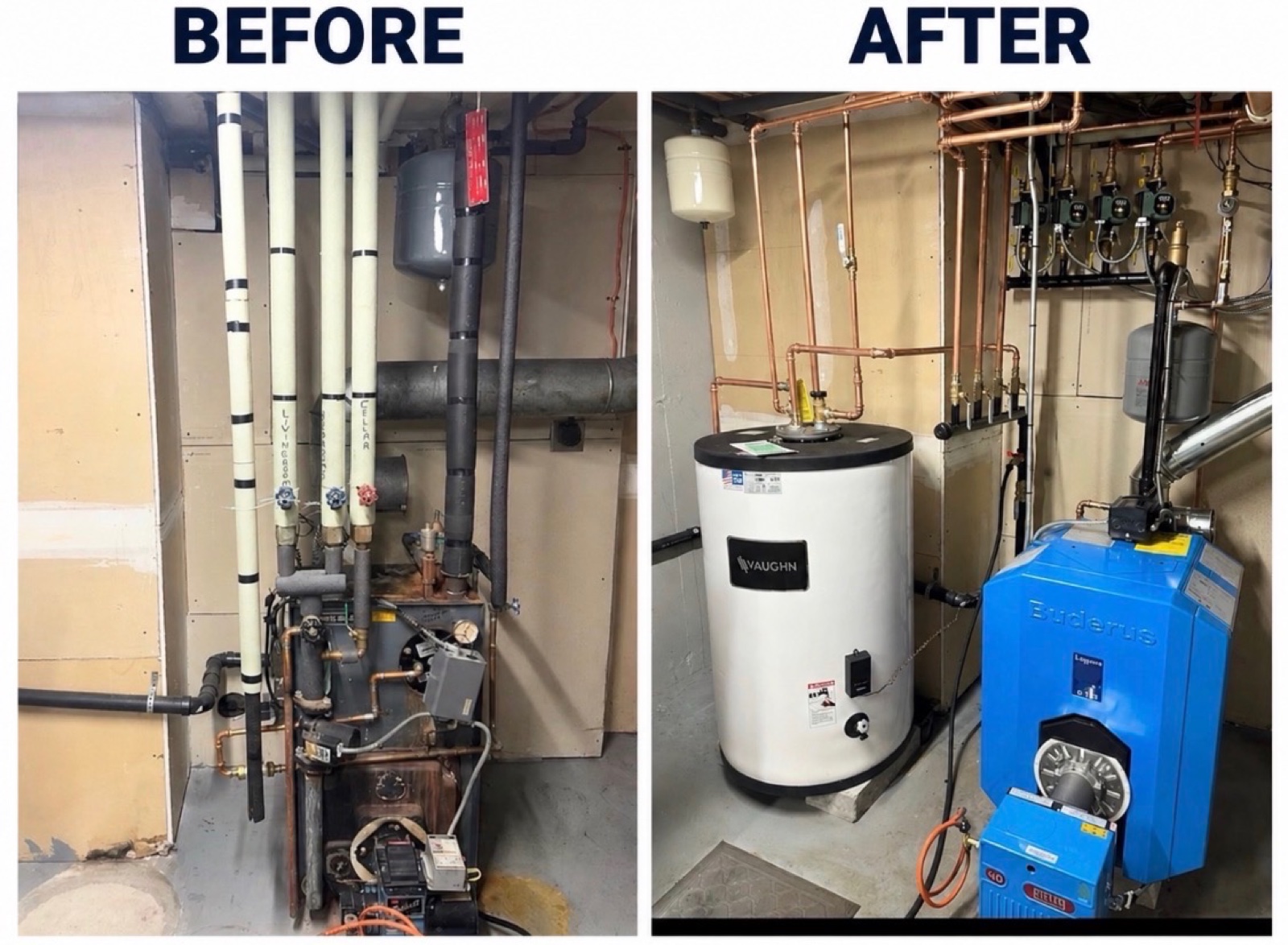 Before and after — old boiler system replaced with Vaughn water heater and Buderus boiler